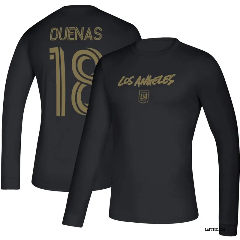 Men's LAFC ＃18 Erik Dueñas Black Name & Number Wordmark Goals Long Sleeve T-Shirt